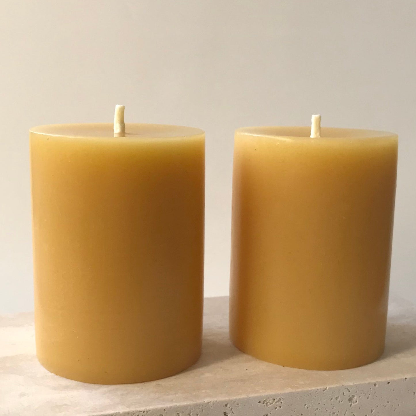 Set of Two — Small Classic Round Beeswax Pillar Candles