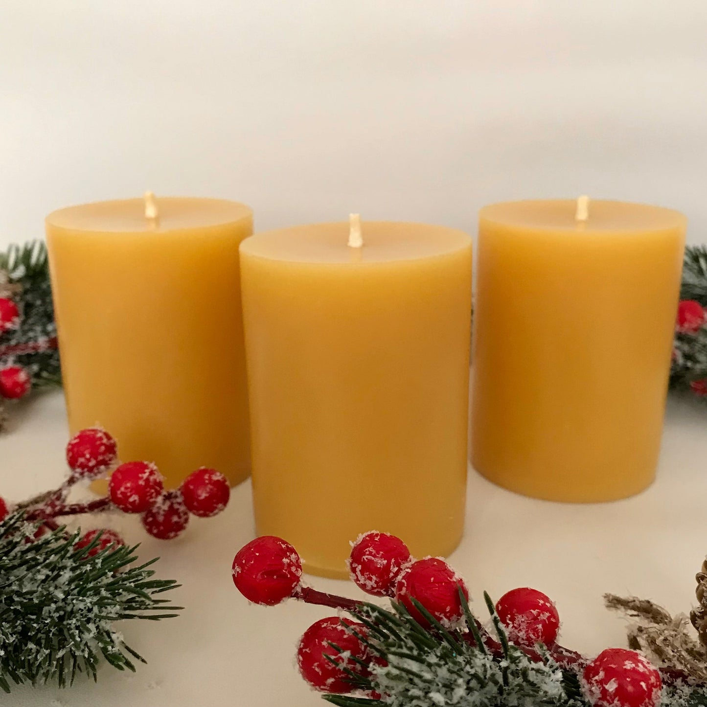 Set of Three — Small Classic Round Beeswax Pillar Candles