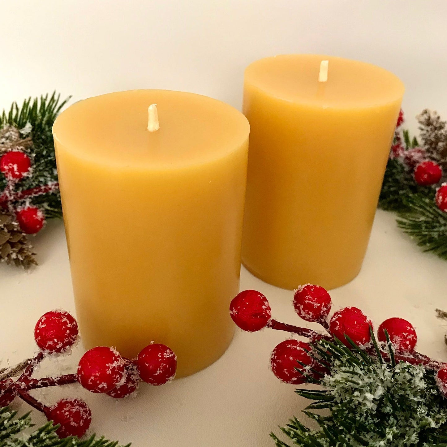 Set of Two — Small Classic Round Beeswax Pillar Candles